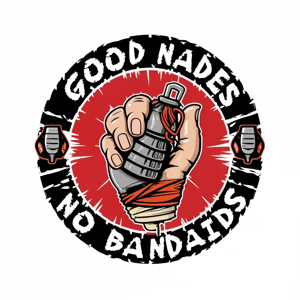 a logo design,with the text 'GOOD NADES NO BANDAIDS', main symbol:Bandaged Hand holding a frag grenade, ,Moderate,be used in Internet industry,clear background