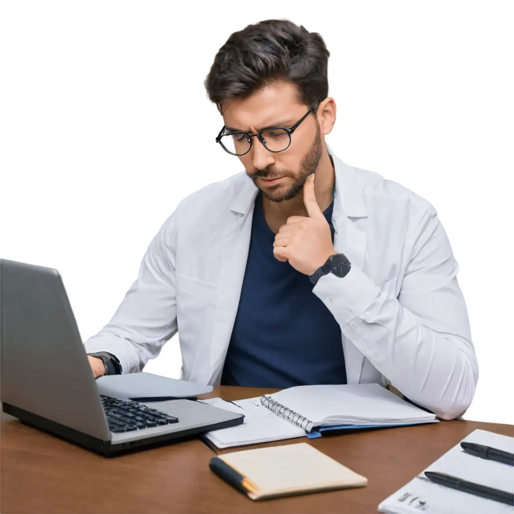 Realistic-PNG-Image-Worried-Man-Managing-Clinical-Laboratory-with-Notebook-and-Calculator