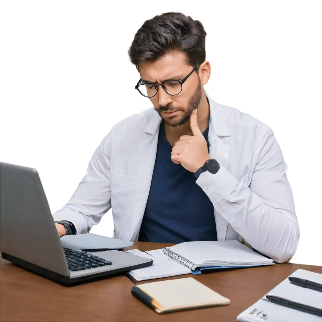 foto realista de un hombre llevando control de su laboratorio clinico en cuaderno y usando calculadora con cara de preocupado con muchos papeles