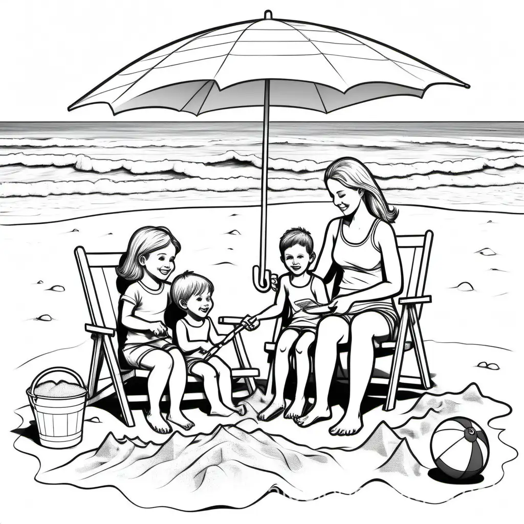 Sketch family on the beach making sandcastle- beach ball - sandcastle buckets and shovels - Multi generational - blanket set up - cooler - beach chairs and beach umbrella , Coloring Page, black and white, line art, white background, Simplicity, Ample White Space. The background of the coloring page is plain white to make it easy for young children to color within the lines. The outlines of all the subjects are easy to distinguish, making it simple for kids to color without too much difficulty