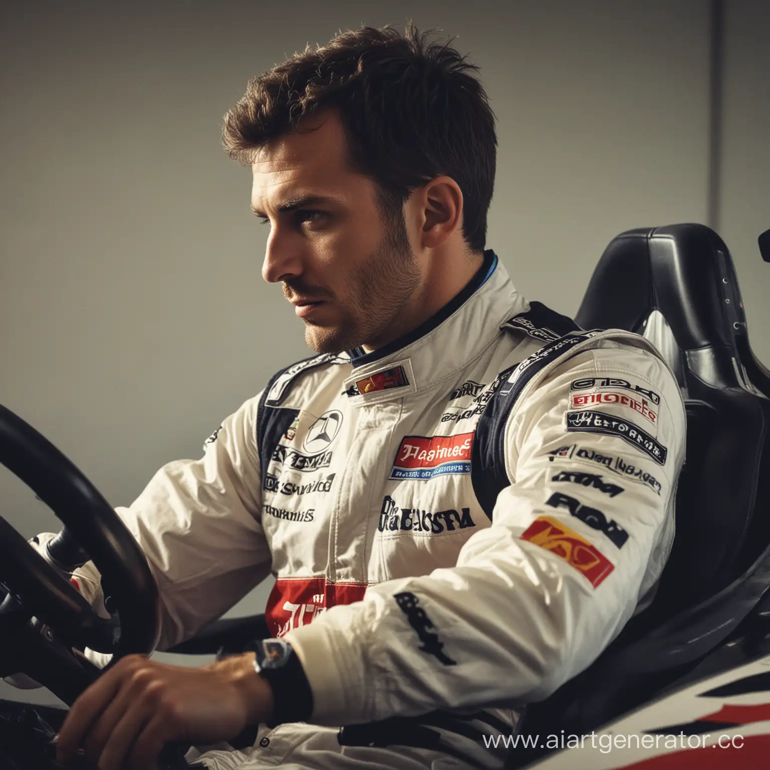 A man dressed in a racer's uniform from Formula 1 sits at the wheel in profile