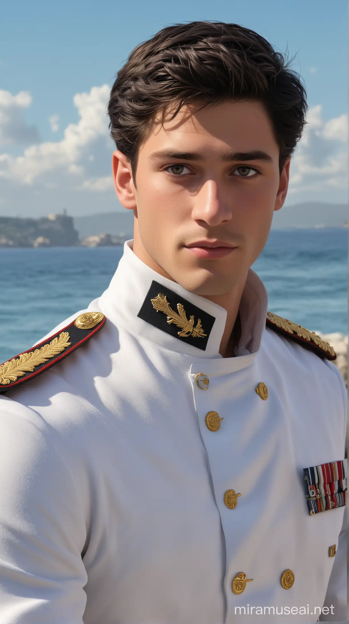 in a sea natural background military there are disney prince Henry is France 21-year-old and with short black hair and black eyes and white military uniform and navy and muscled an face beautiful 8k re solution ultra-realistic