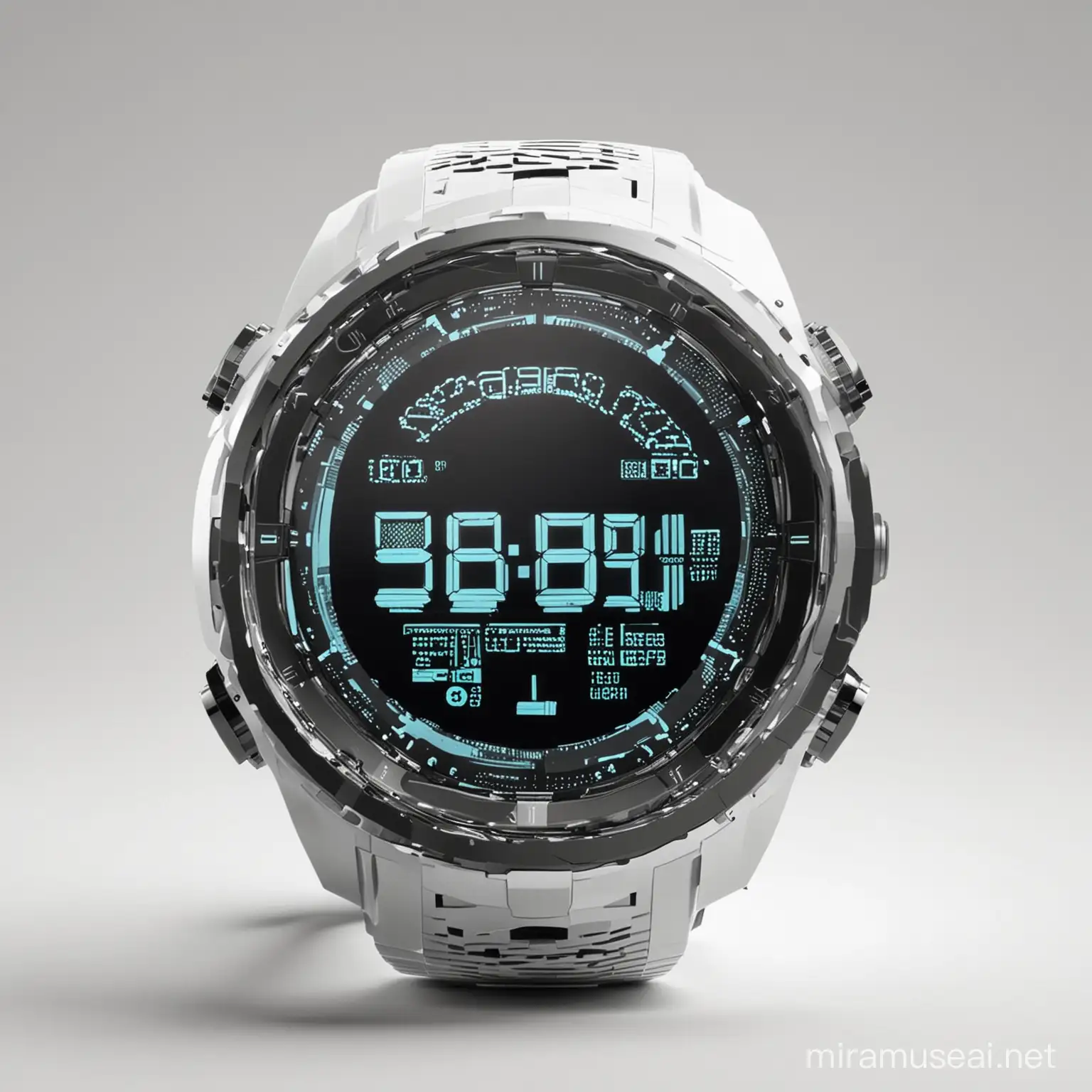 futuristic digital round watch on white