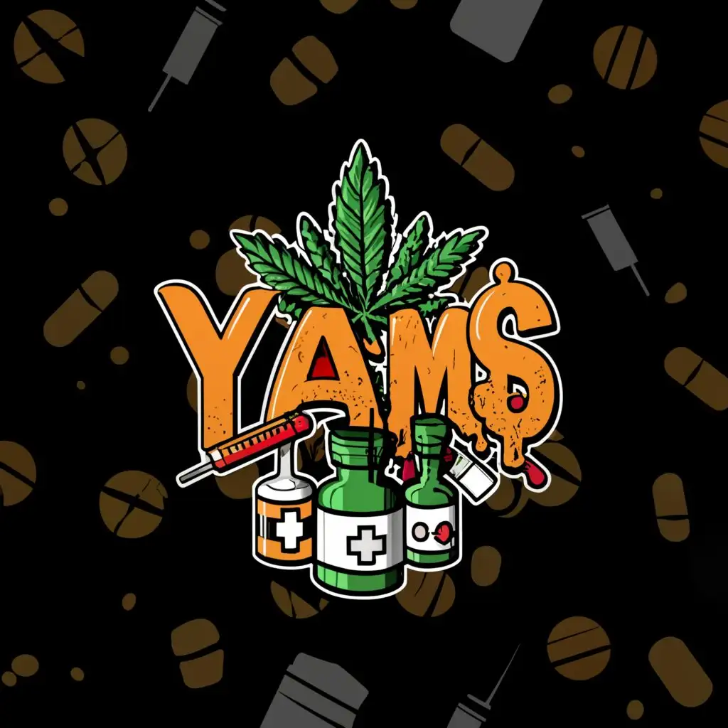 a logo design,with the text "YAM$", main symbol:Weed leaf ,Bottle of syrup, burning joint,injections,pills,dollar bills ,complex,clear background