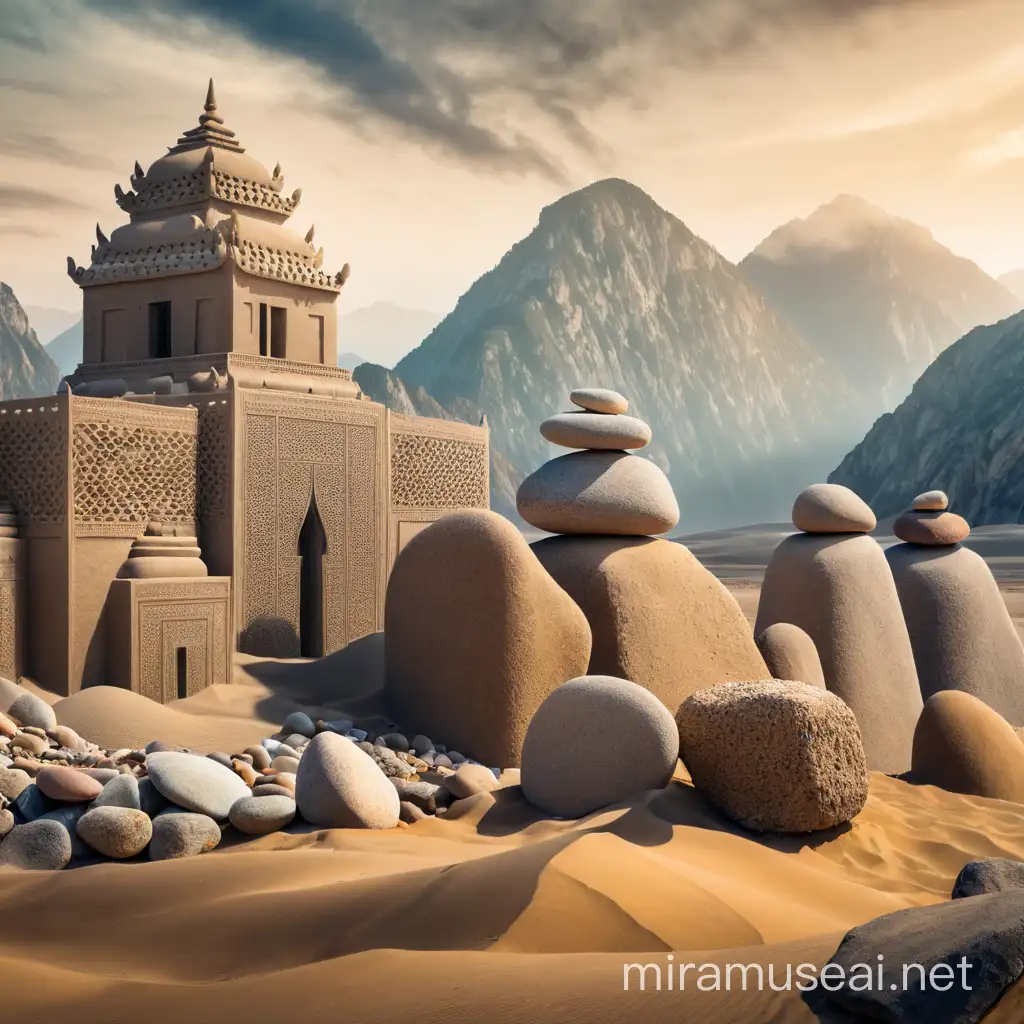Misty Mountain Landscape with Desert Sands and Stones