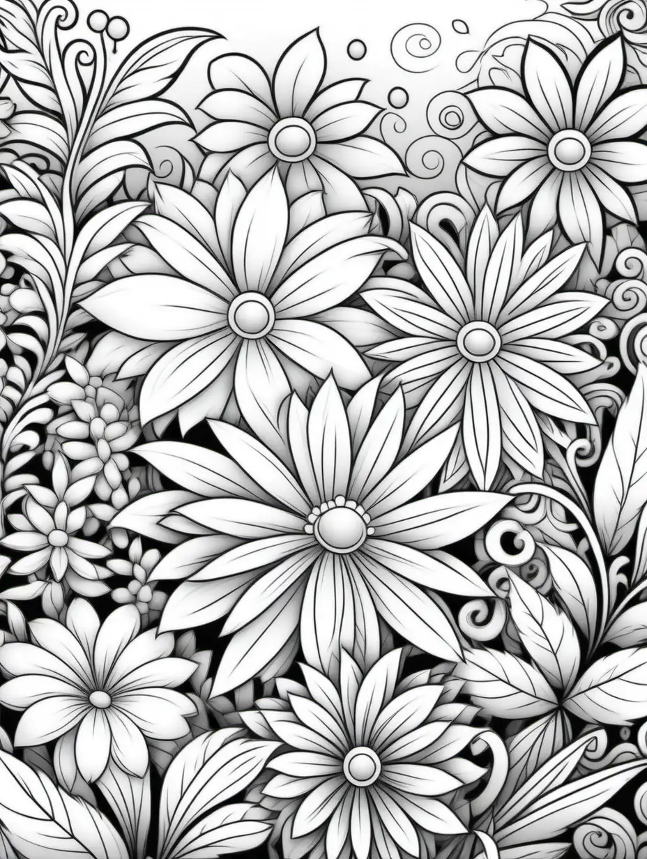 photo album, coloring book page, cartoon style floral background, black and white, no shading, bold black lines, crisp edges, full page, color by number