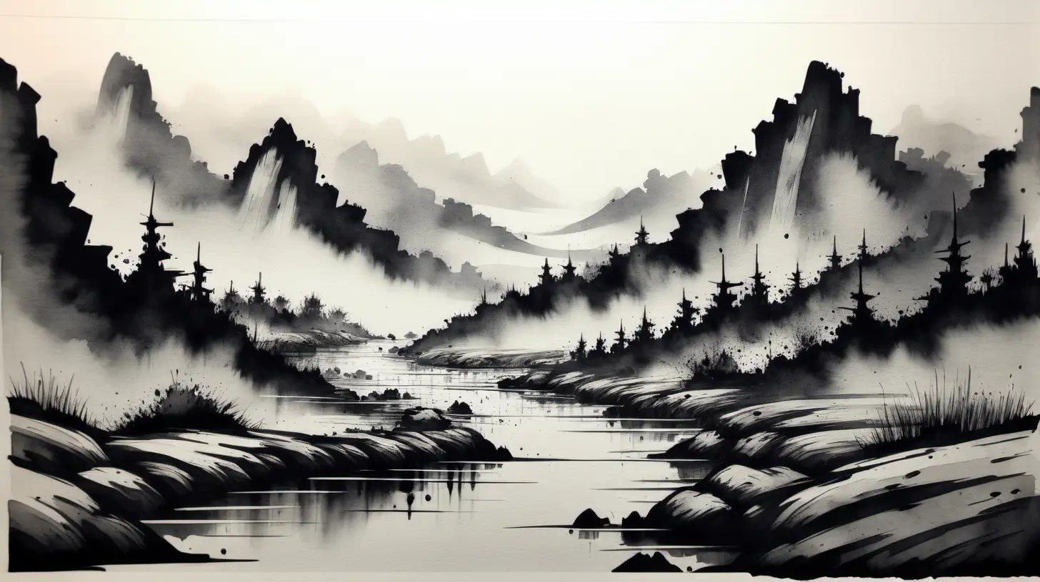 Tranquil Ink Landscape Painting Serene Monochrome Nature Artwork