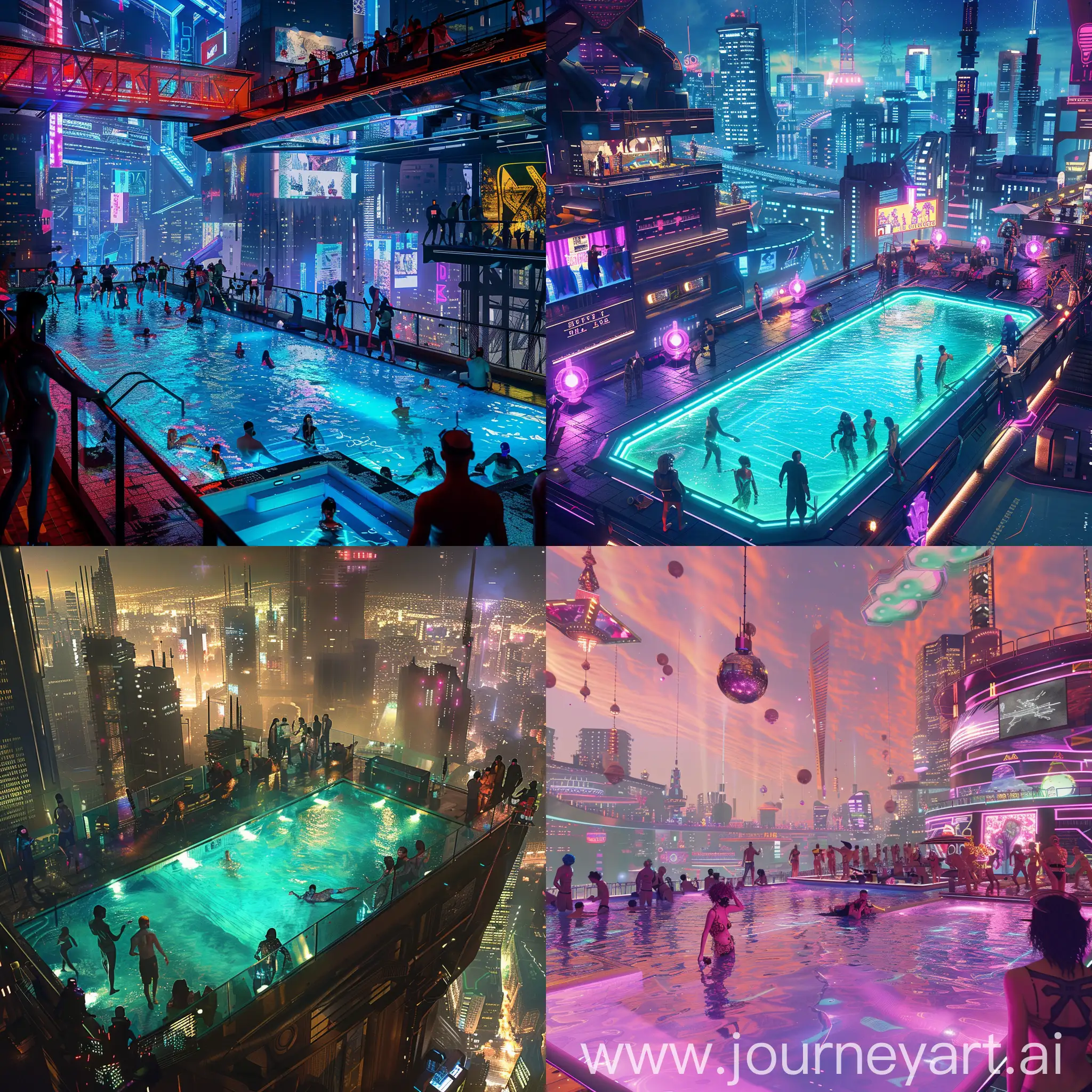 a cyberpunk city, rooftop pool party with party goers