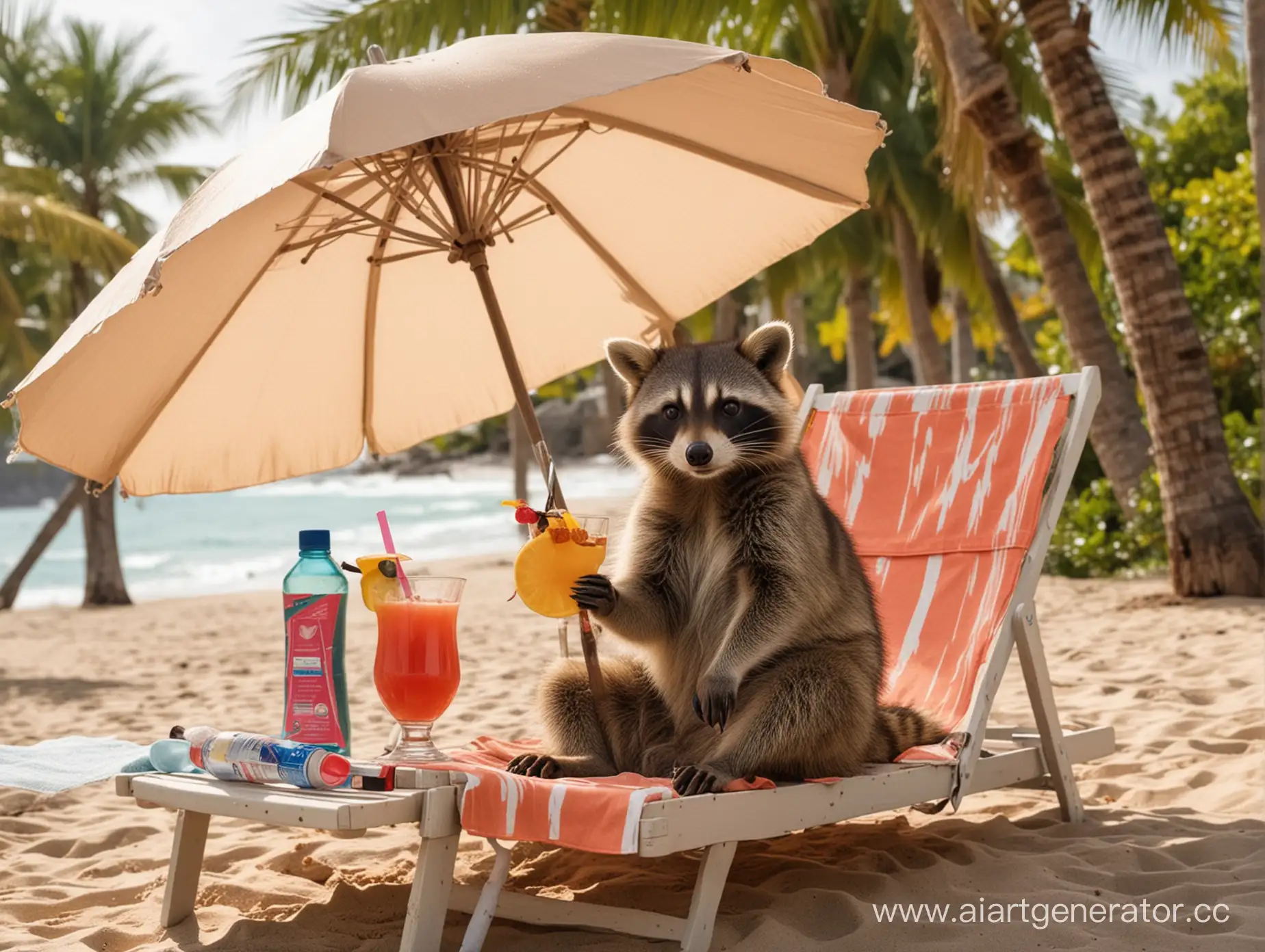 Relaxing-Raccoon-with-Cocktail-amidst-Household-Chemicals-on-Beach