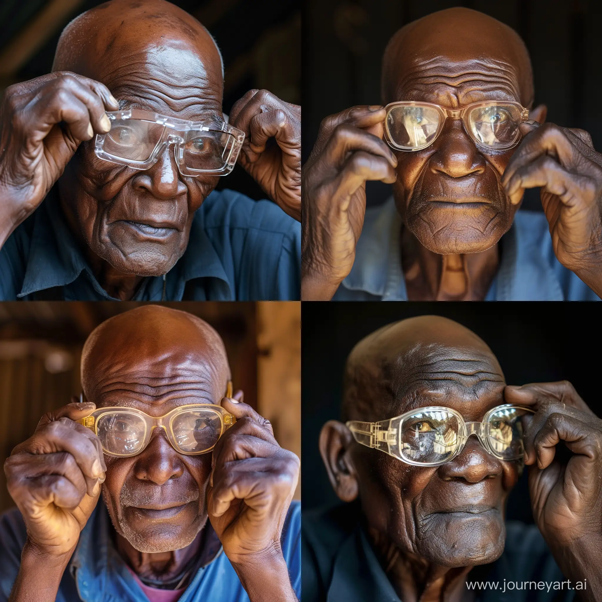 Old bald African man adjusting his old clear and reflective reading glasses.