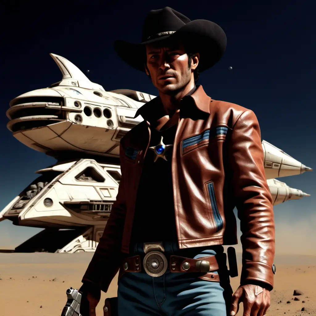 Space Cowboy Fastdraw PistolWielding Hero in Front of Spaceship