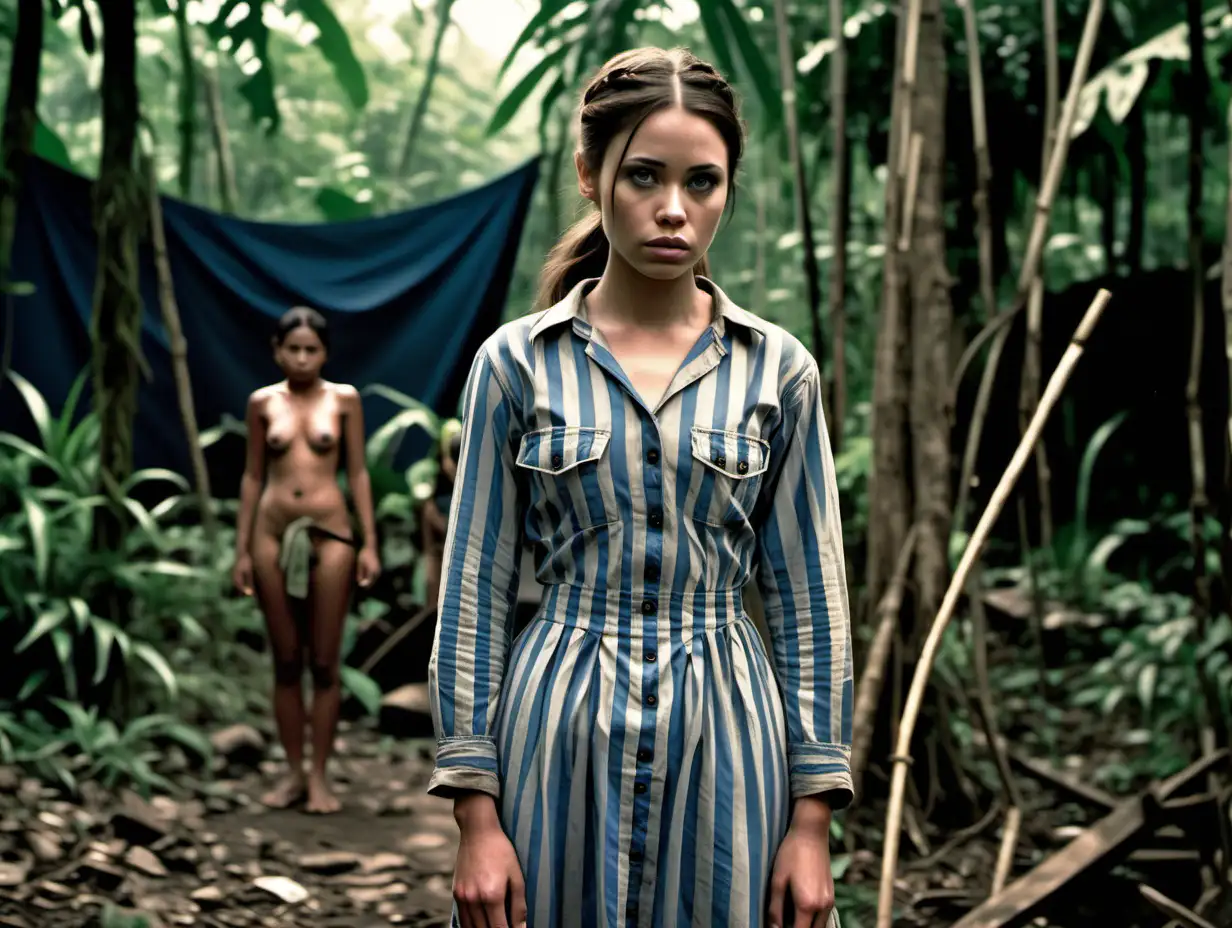 A busty prisoner female (25 years old, colonial era) stands in a jungle tribal village (captured by tribe members) in worn dirty blue-white vertical wide-striped longsleeve midi-length buttoned A-line prisonerdress (a big printed "478" label on chest pocket , short brunette low pony hair, sad and ashamed), group of naked jungle tribe warriors standing around her