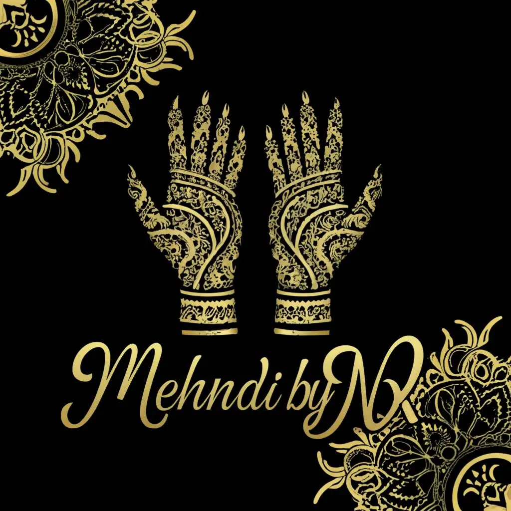 a logo design,with the text "Mehndi By Nx", main symbol:Realistic hands with henna on them, gold and black theme cute pfp,complex,be used in henna industry, cute background more gold accents