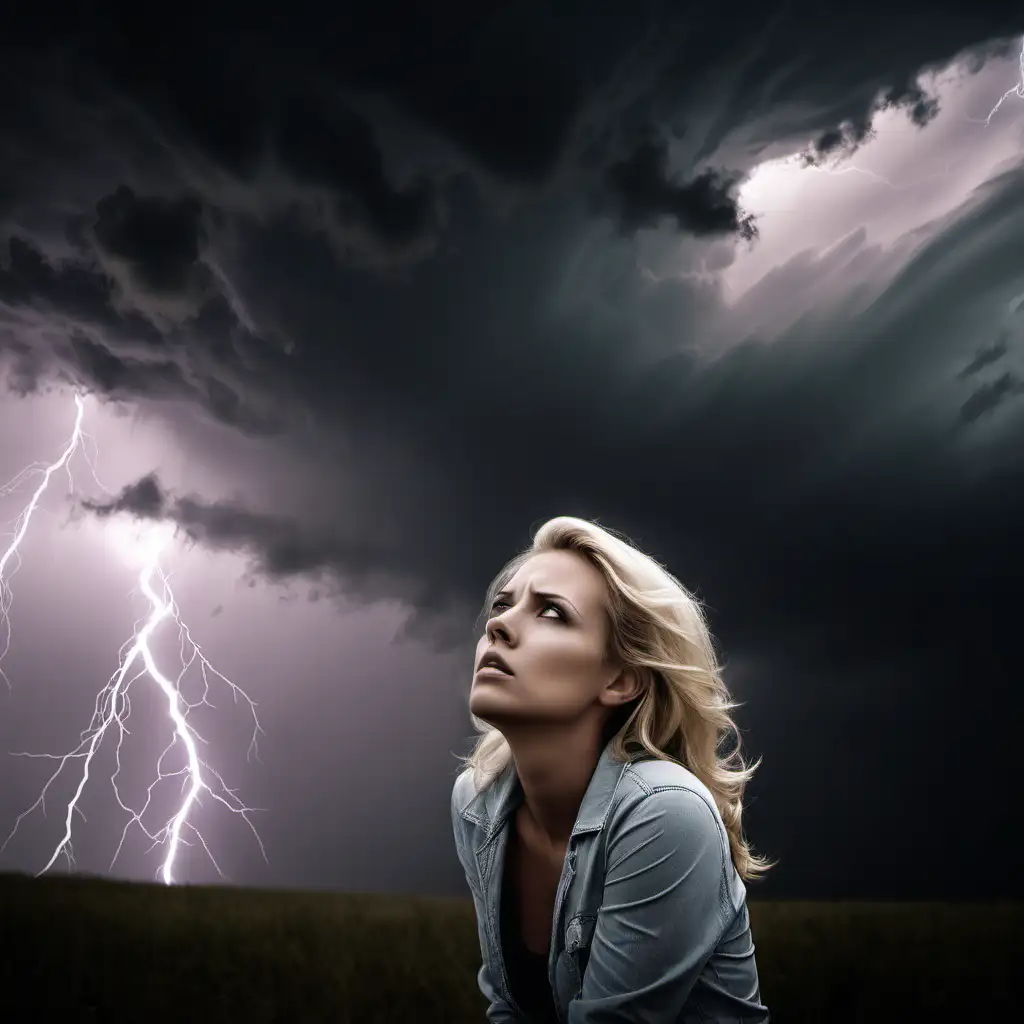Contemplative Woman Amid Stormy Sky with Lightning