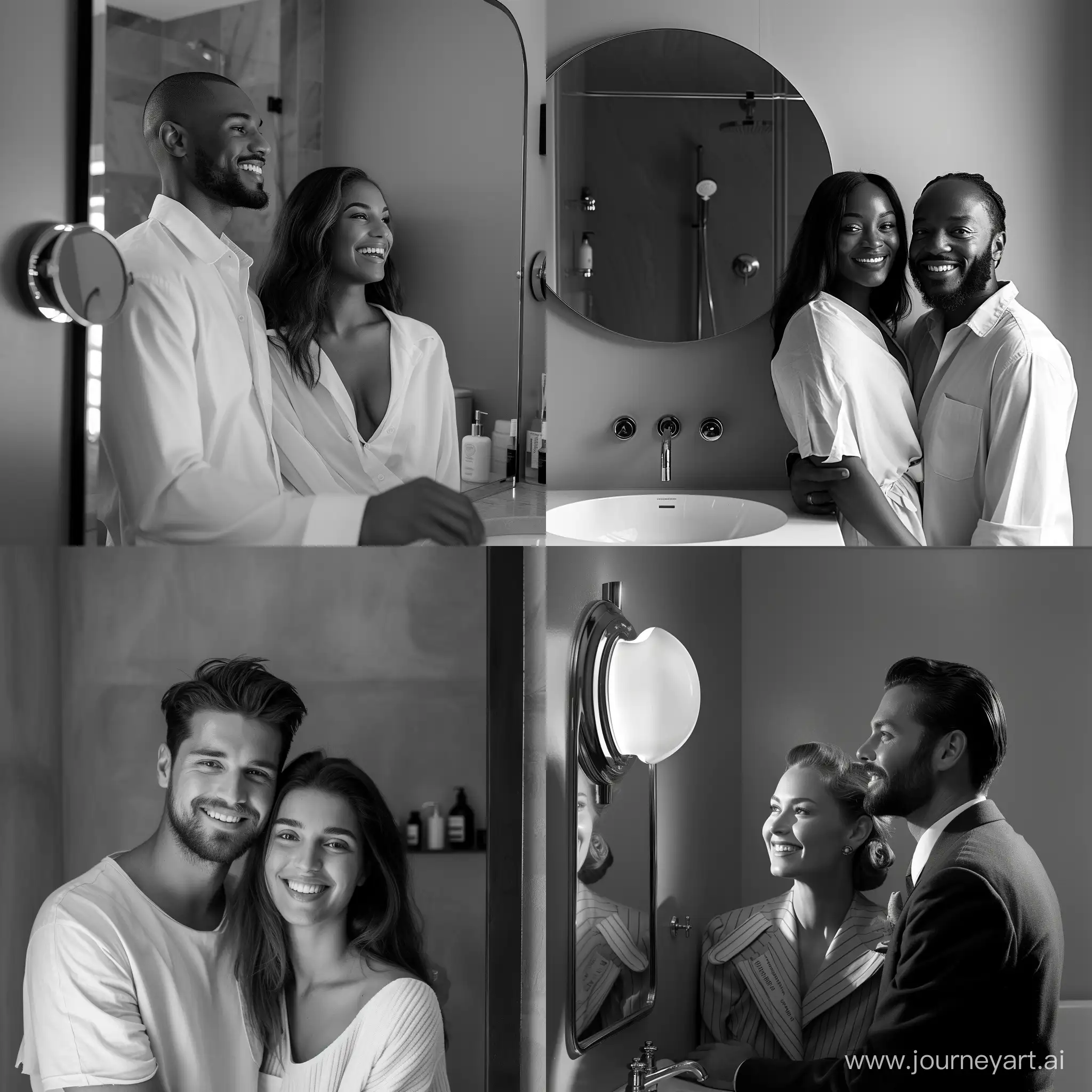Couple-Smiling-in-Stylish-Black-and-White-Bathroom-Portrait