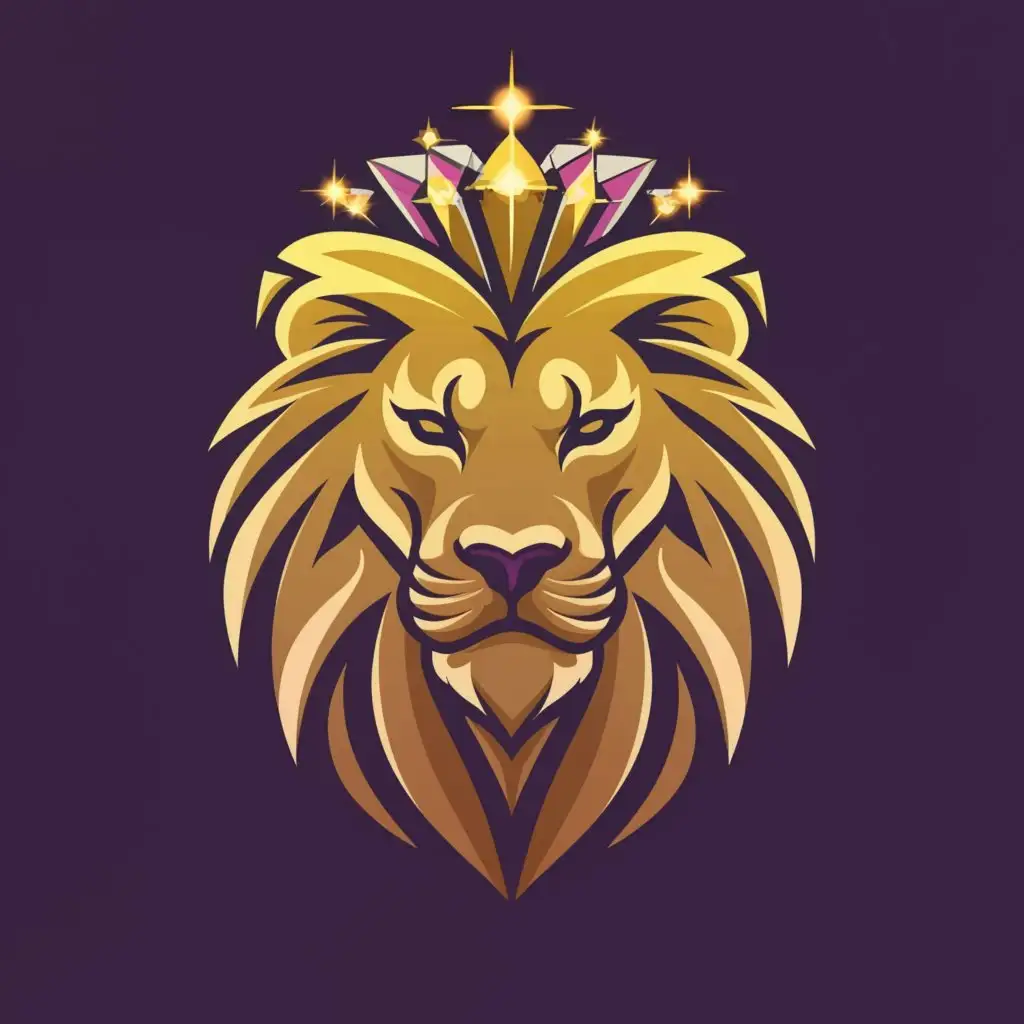 a logo design, with the text "Kor", main symbol:  a lion face with a golden scar across its right eye. give it a golden crown with diamonds encrusted in the crown. give it a purple/golden glow.