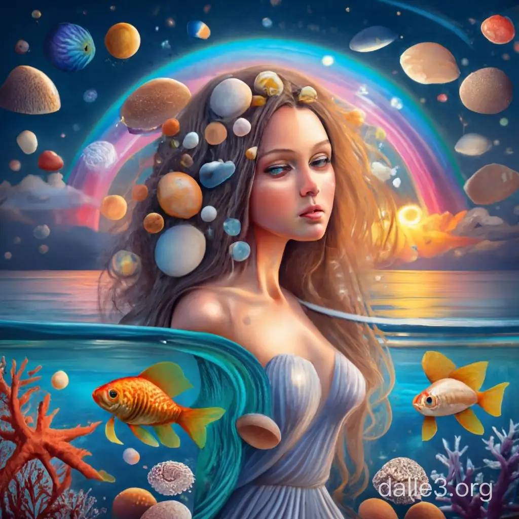 Planets, milky way galaxy, pretty girl with long hair and entwined seashells, coral and flowers in her hair, sea, sunrise, rainbow, best image quality, many goldfish, gold and silver, opulence, mystery, extravaganza, mysteriousness, magic