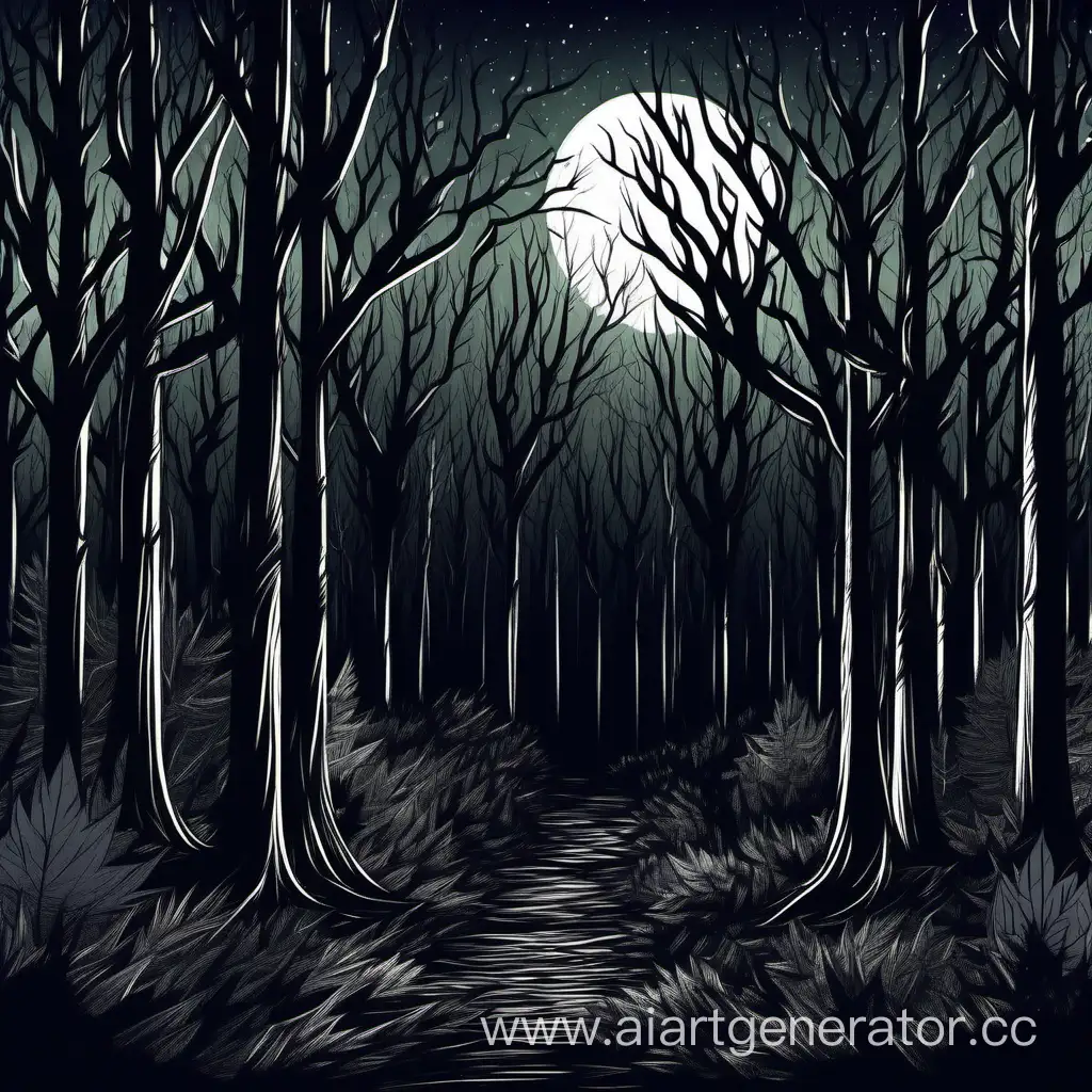 тёмный лес в ночное время в нарисованном стиле