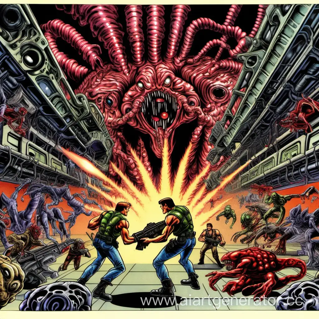 
Contra: The Alien Wars.
Билл и Лэнс сражаются и стреляют в логове чужих по большому летающему мутированному мозгу