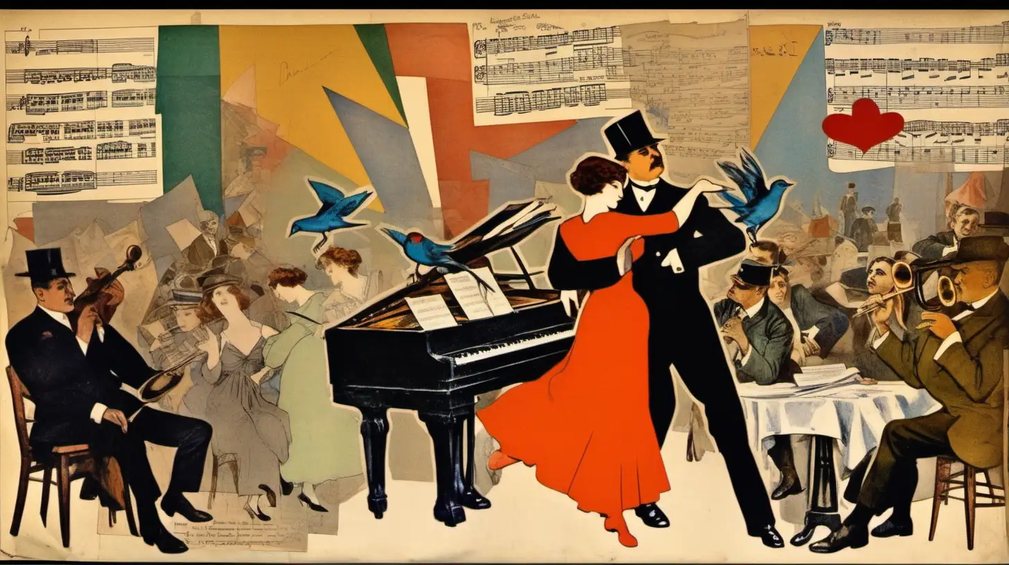 1917. During the ww1 Giacomo Puccini at piano compose La Rondine. Paris, dancing, Woman in love, notes, birds, traffic, soldiers, musical references. Style old dada collage, with colors, 