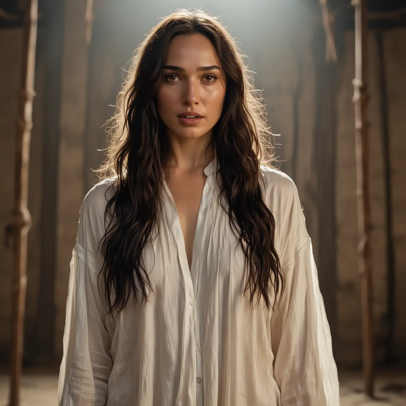 Desperate Gal Gadot in Ivory Silk Shirt Submissive Pose in Slave Market Photo