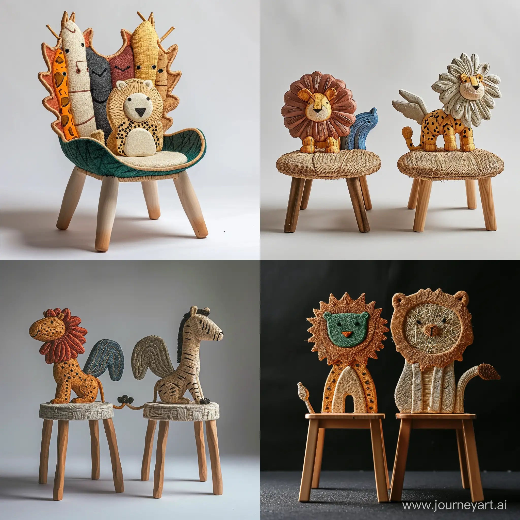 imagine an image of a minimal perfect sturdy children’s chair inspired by Children's drawing of cute safari animals like cute lion or zebra or griffin or cheetah or hippocampus  , with backrests shaped like different creatures. Use recycled wood for the frame and woven plant fibers for seating areas, depicted in colors representative of the chosen animals. The seat should stand approximately 30cm tall, built to educate about wildlife and ensure durability.unreal ,realistic style