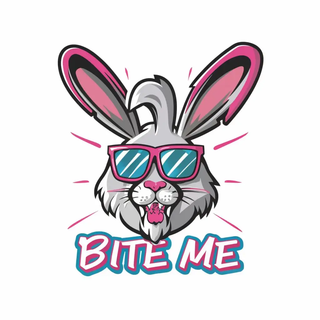 logo, create a crazy funny rabbit wearing 80s style clothing, sunglasses , vector, sharp outline, no jagged edges, vibrant Neon, Contour, narrow black outlined image, very sharp lines , white  Background, highly Detailed, large image, with the text "Bite Me", typography