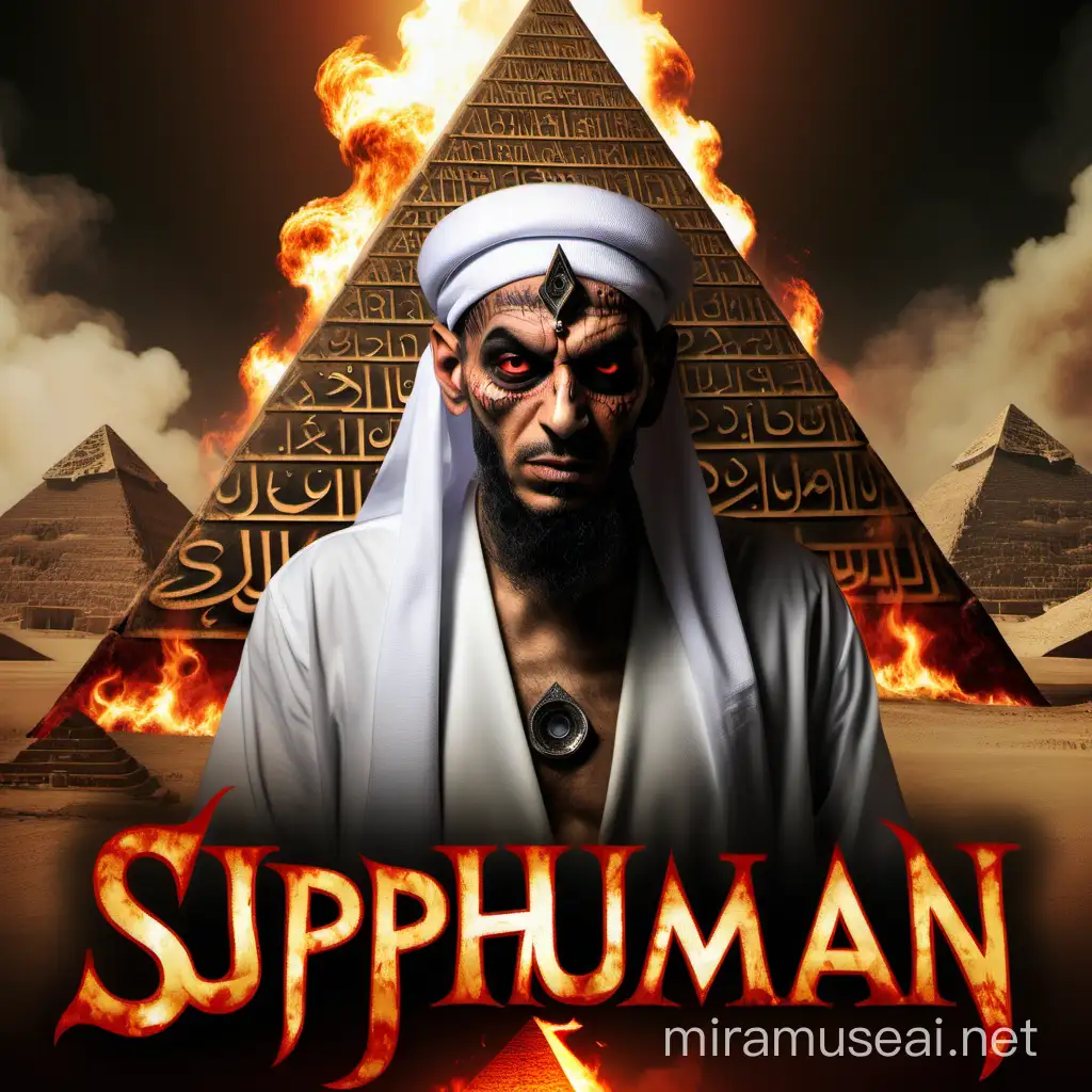 Hombre árabe alto mirada demoniaca  vestido de sultán, con un ojo demoníaco tatuado en la frente y en su mano derecha  y detrás de él la pirámide de  keops y la palabra  kardo suprahumano escrita con letras de fuego 