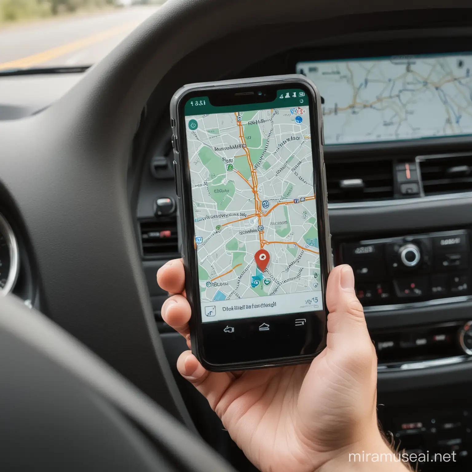
Cell phone inside a car with GPS pointing to a specific delivery route for biological material