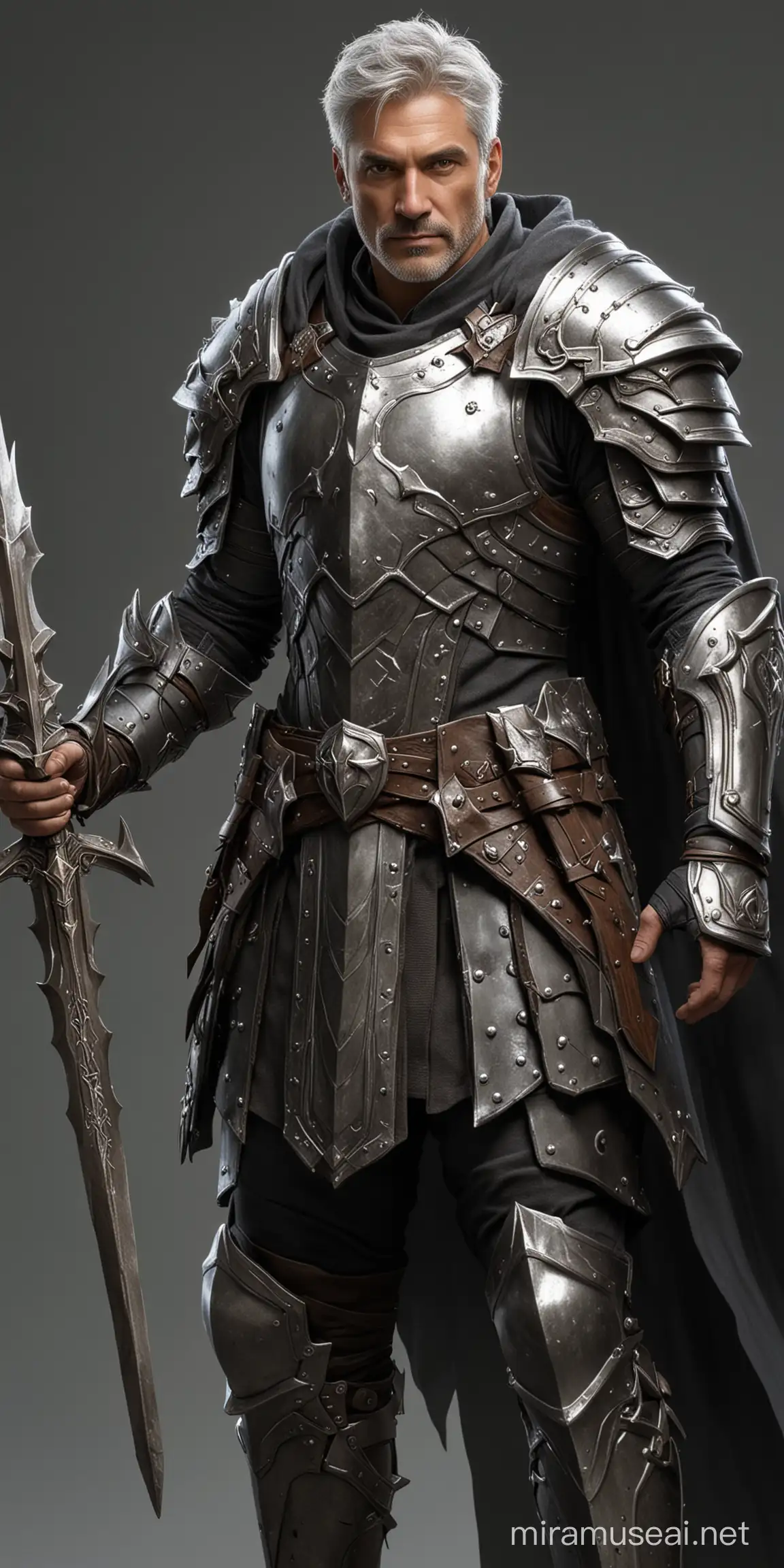 Human paladin, 50 years old man,handsome, partially grey hair, heavy armor, holding halberd and shield