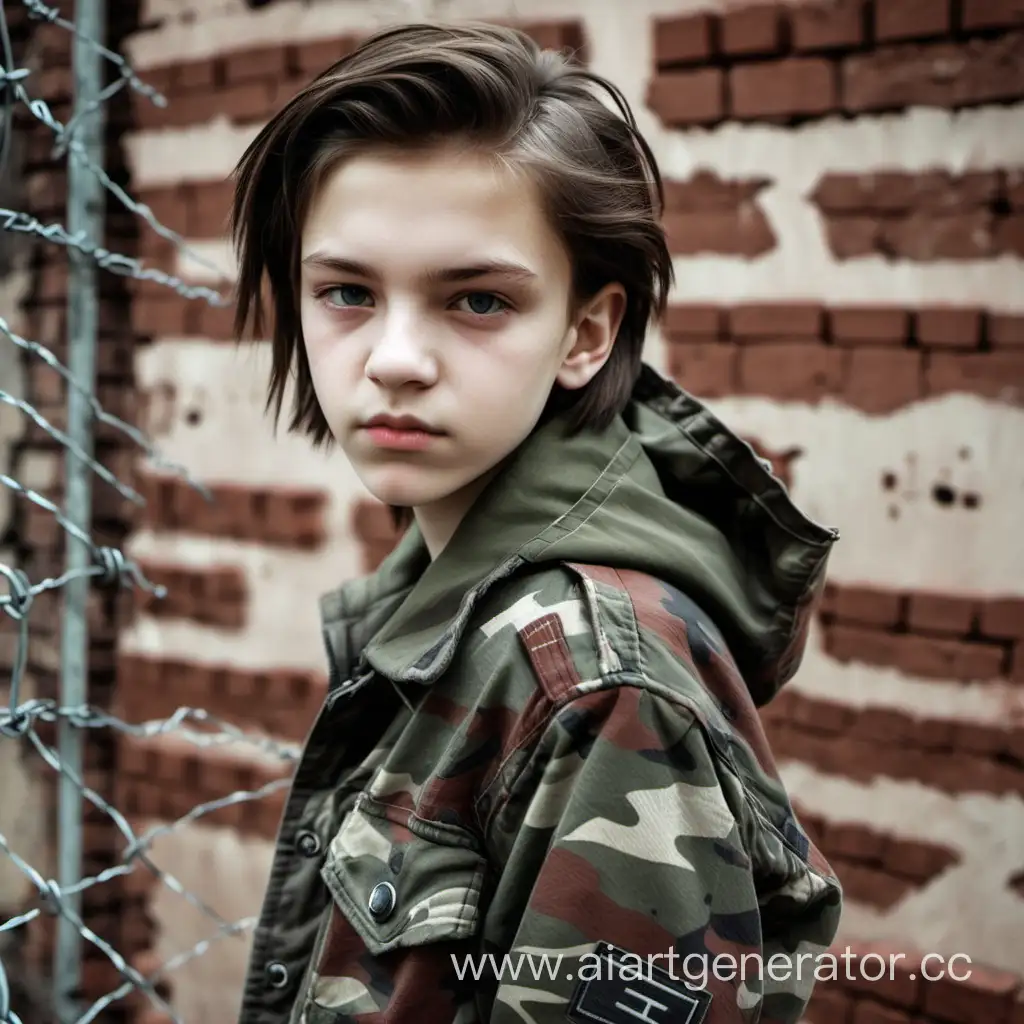 androgynous boy, Russian, 16 years old, brunette, medium hair, camouflage jacket, close-up, background ruins bricks, barbed wire