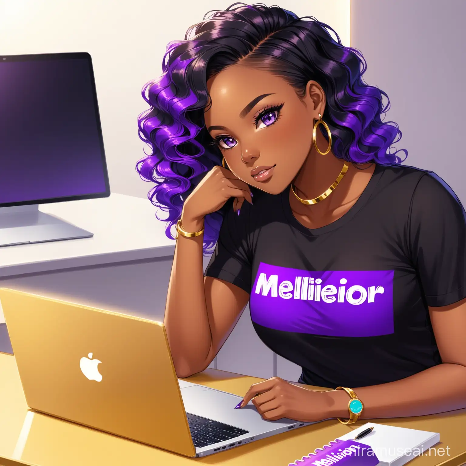 Stylish Black Woman with MellieBIOR Shirt at Gold Desk