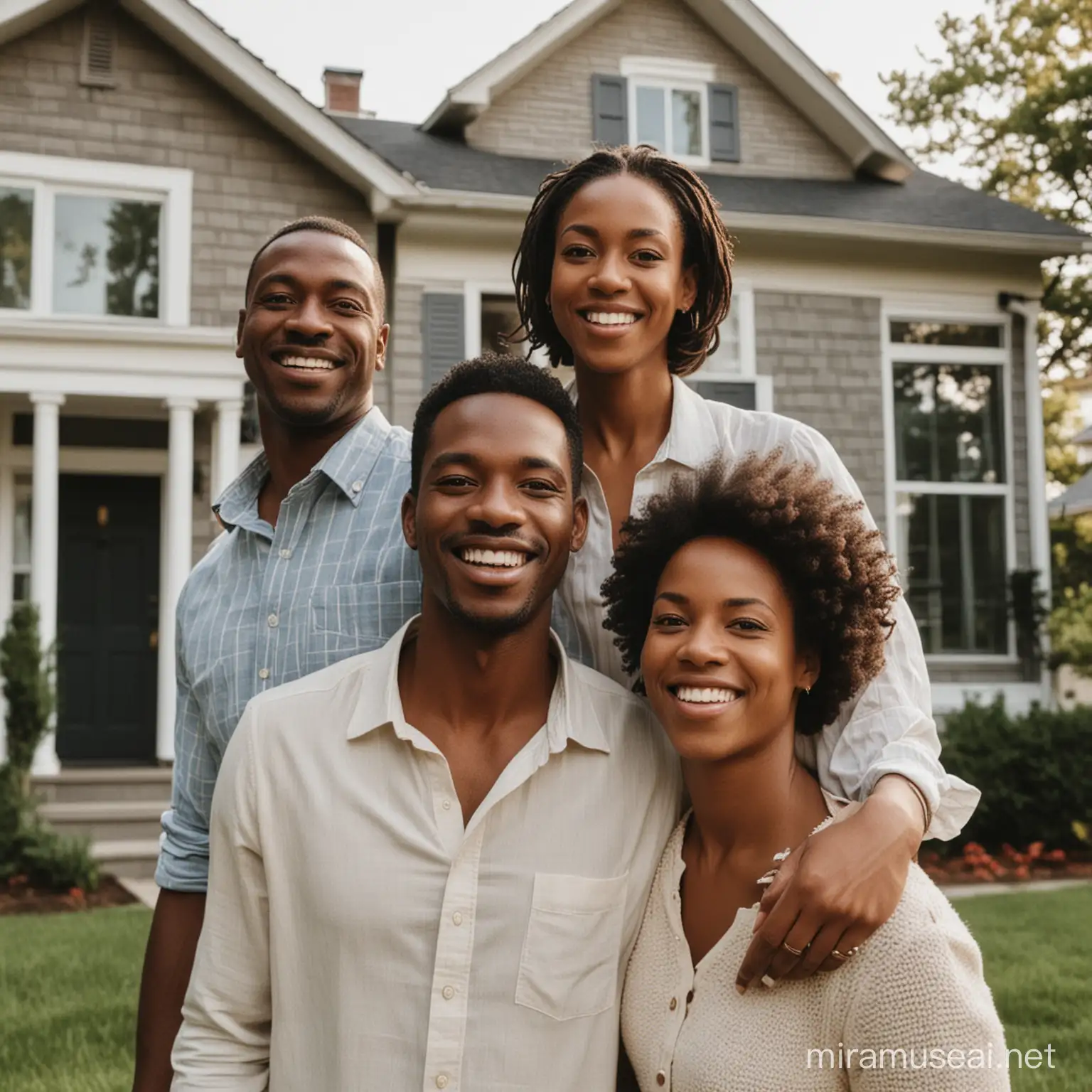 a black 
happy family in front of a house