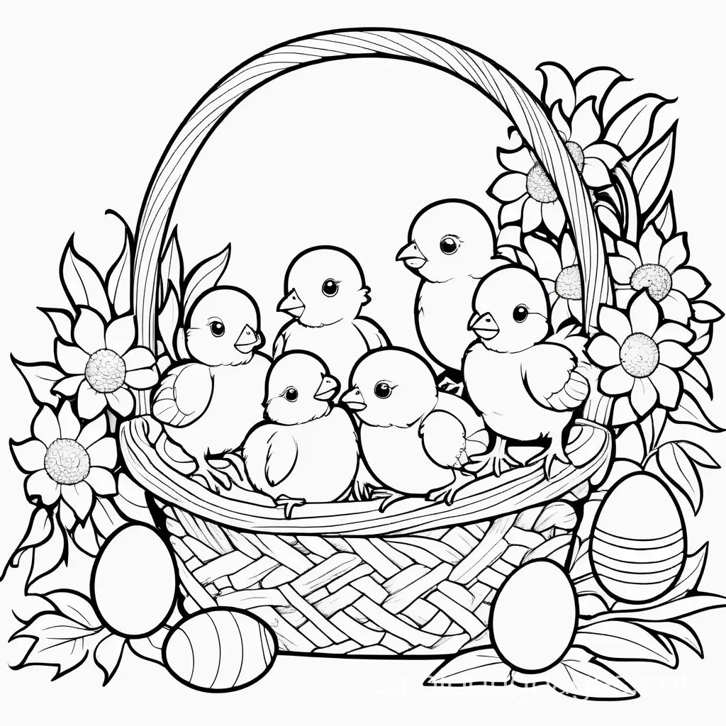 """
Easter Basket with Flowers and Eggs and baby chicks, Coloring Page, black and white, line art, white background, Simplicity, Ample White Space. The background of the coloring page is plain white to make it easy for young children to color within the lines. The outlines of all the subjects are easy to distinguish, making it simple for kids to color without too much difficulty, Coloring Page, black and white, line art, white background, Simplicity, Ample White Space. The background of the coloring page is plain white to make it easy for young children to color within the lines. The outlines of all the subjects are easy to distinguish, making it simple for kids to color without too much difficulty
"""