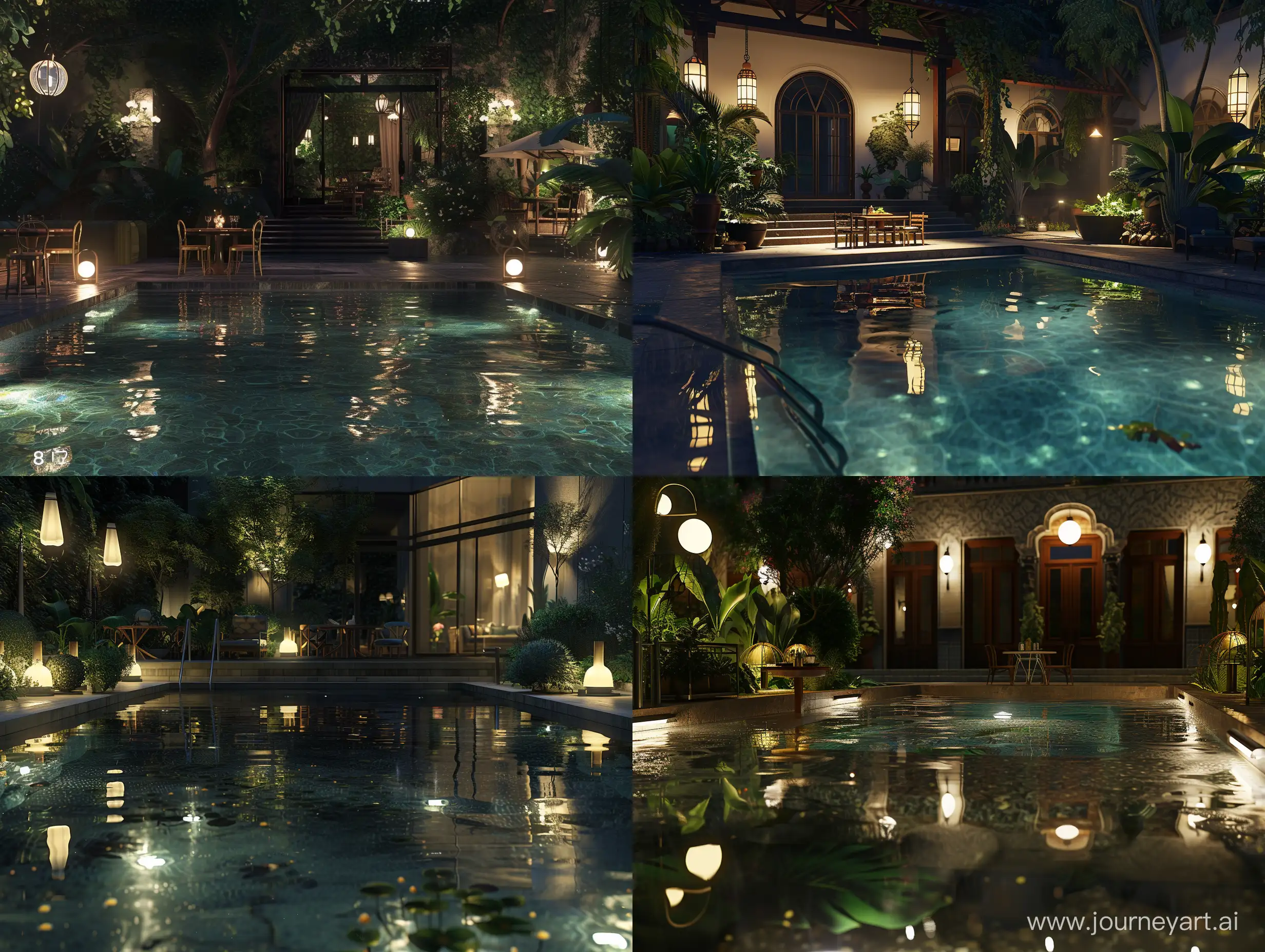 large villa in suty at night with ultrarealistic botanic garden. a small swimming pool with little table and chairs, clear water with reflections, lot of desighned lamps around. 8k, hyperrealistic, unreal engine, without artifacts