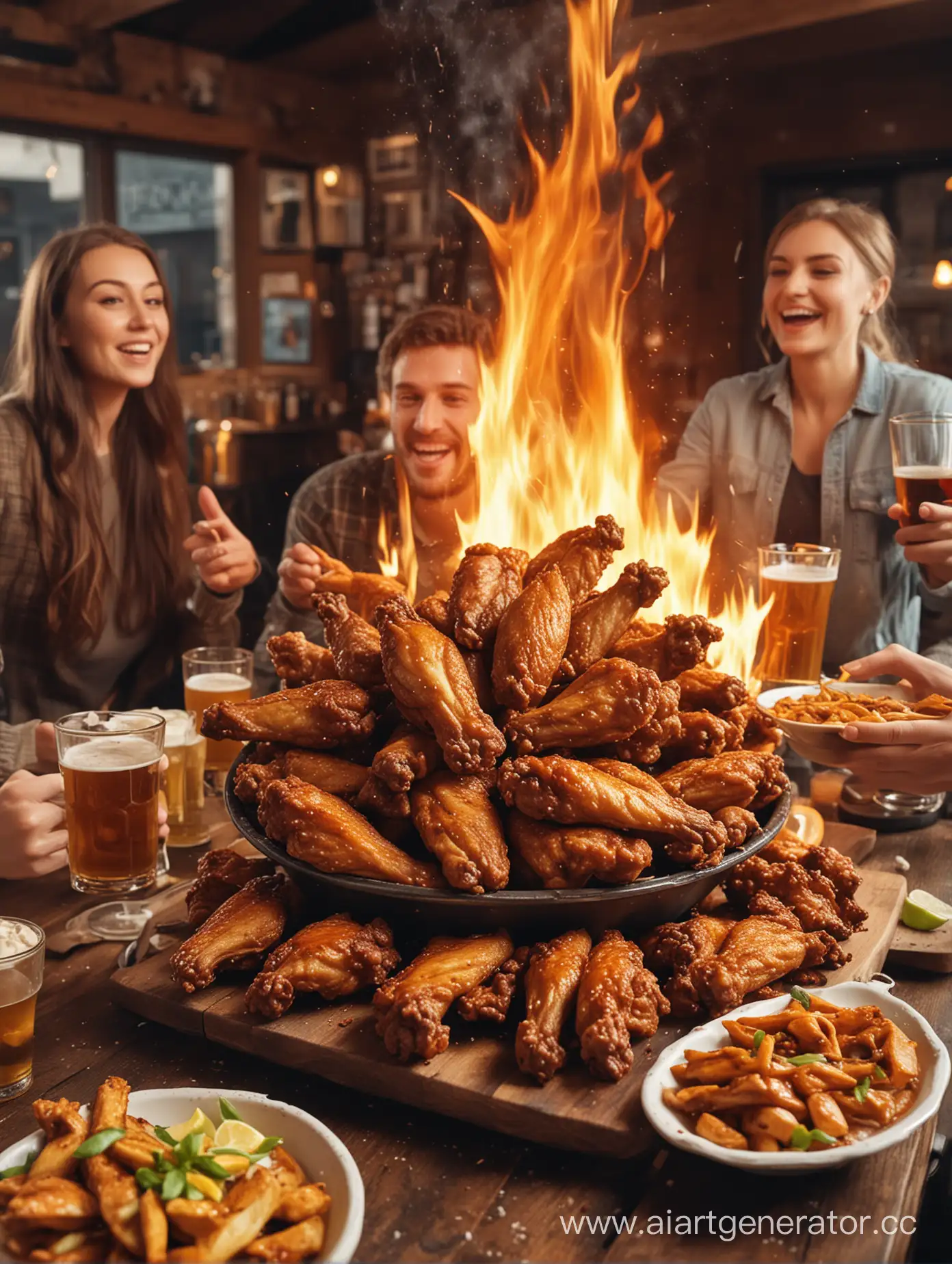 большая тарелка с крыльями жареные на огне в пивном баре с счастливыми людьми за столом
