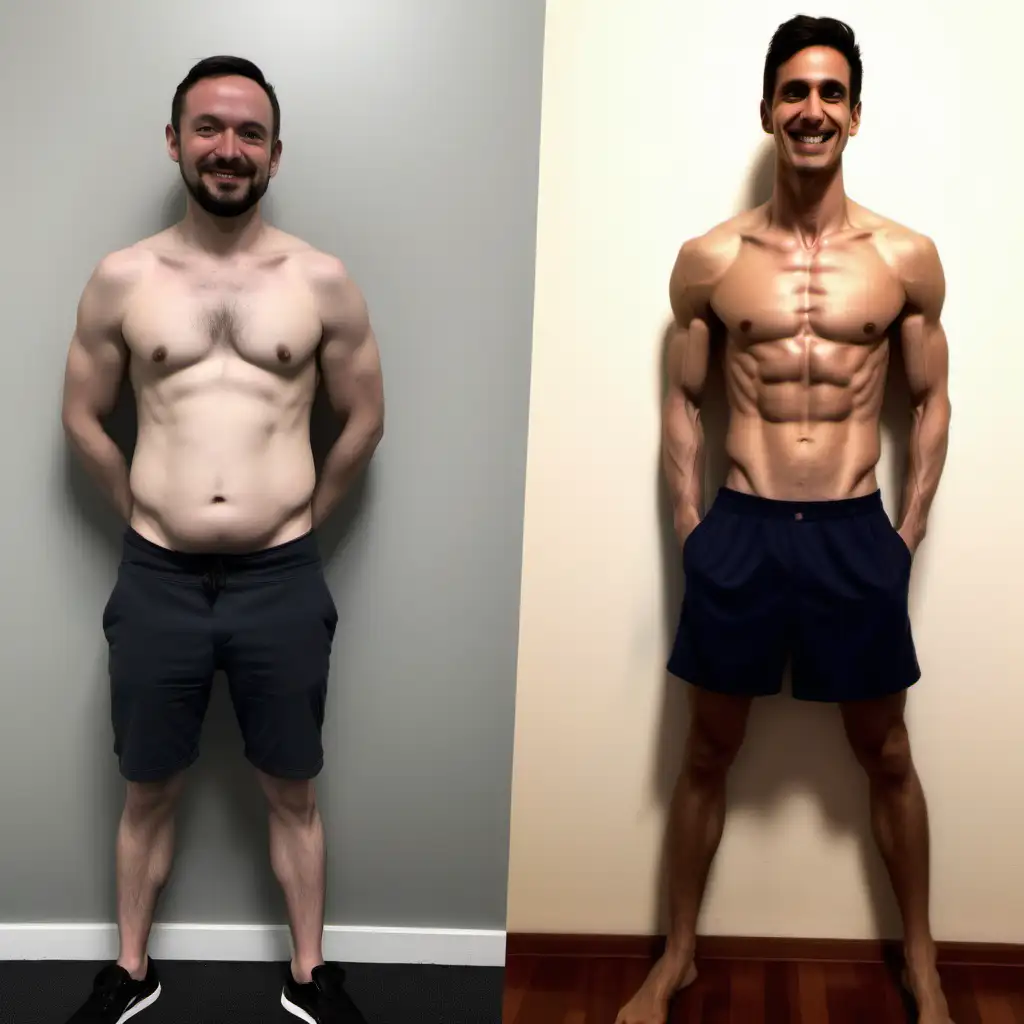 can you make me a image of a two 30 years old men, the left one i want to have a  small tummy and skinny shoulders, the right one i want to be with happy face and good muscles 