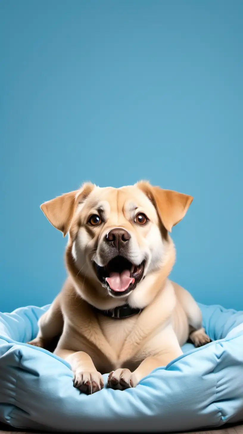 create 404 (error) page for an online store selling dog beds. The page shall look funny and shall portrait a surprised dog. The dog color is beige, the dominant background color is bright sky blue