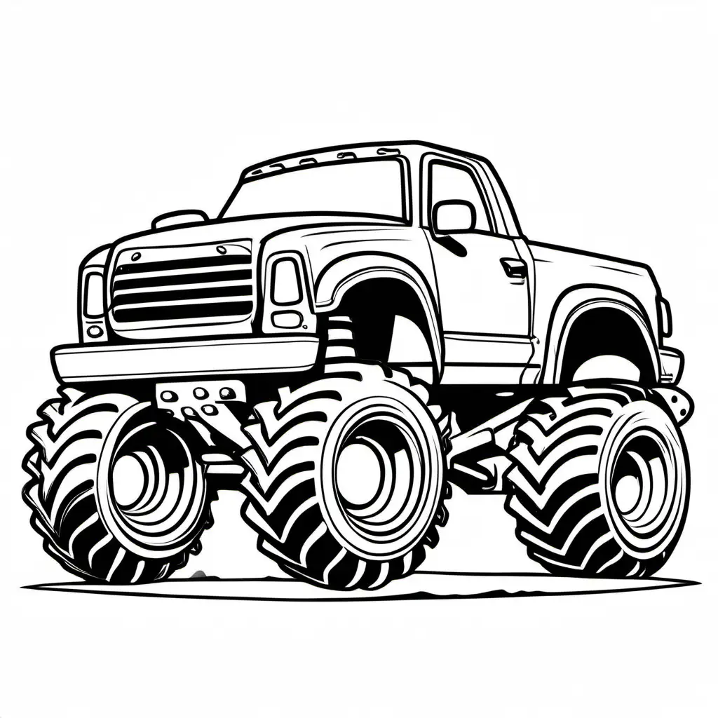Monster Truck Coloring page, Coloring Page, black and white, line art, white background, Simplicity, Ample White Space. The background of the coloring page is plain white to make it easy for young children to color within the lines. The outlines of all the subjects are easy to distinguish, making it simple for kids to color without too much difficulty