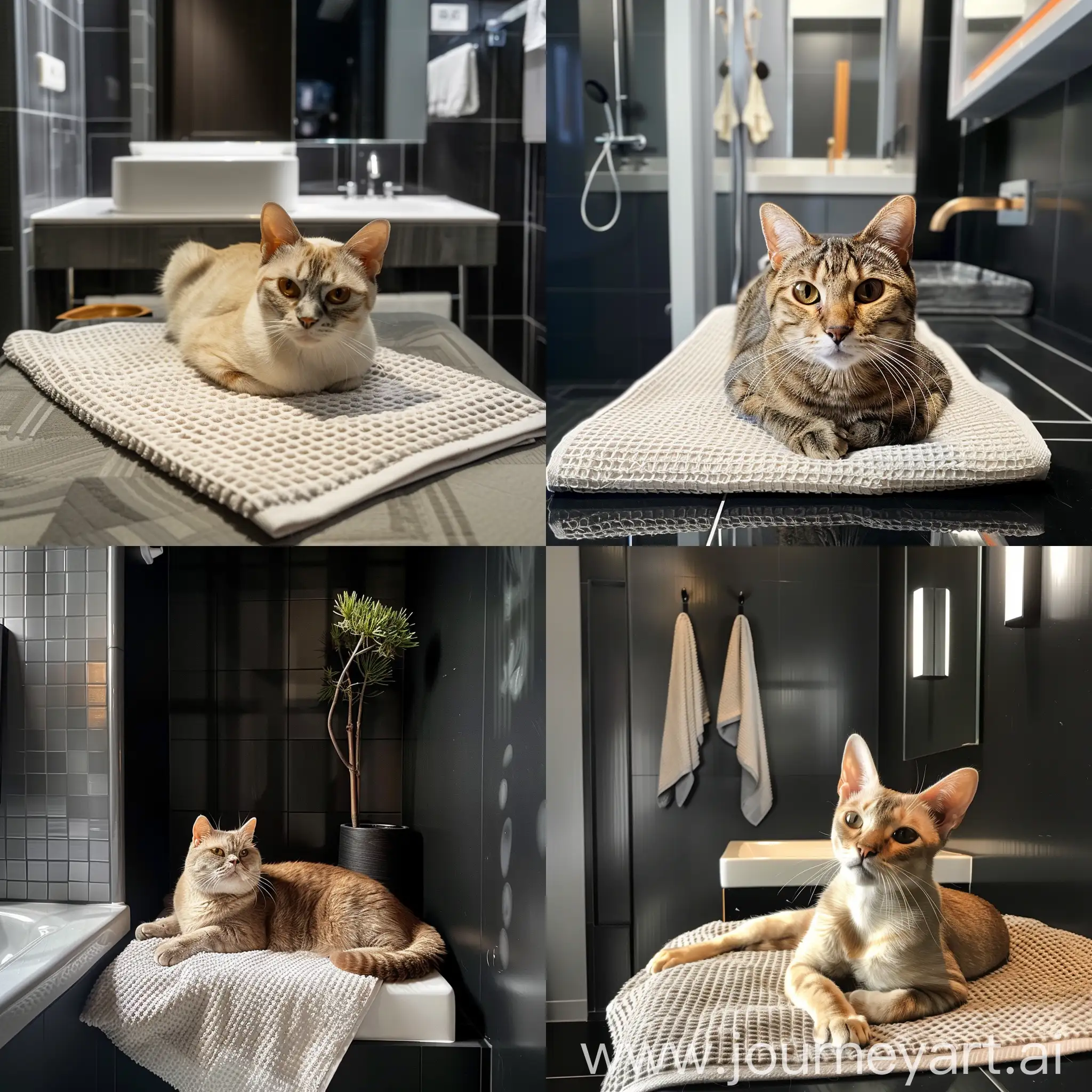 Japanese-Shorthair-Exotic-Cat-Relaxing-on-Waffle-Towel-in-Modern-DarkToned-Bathroom