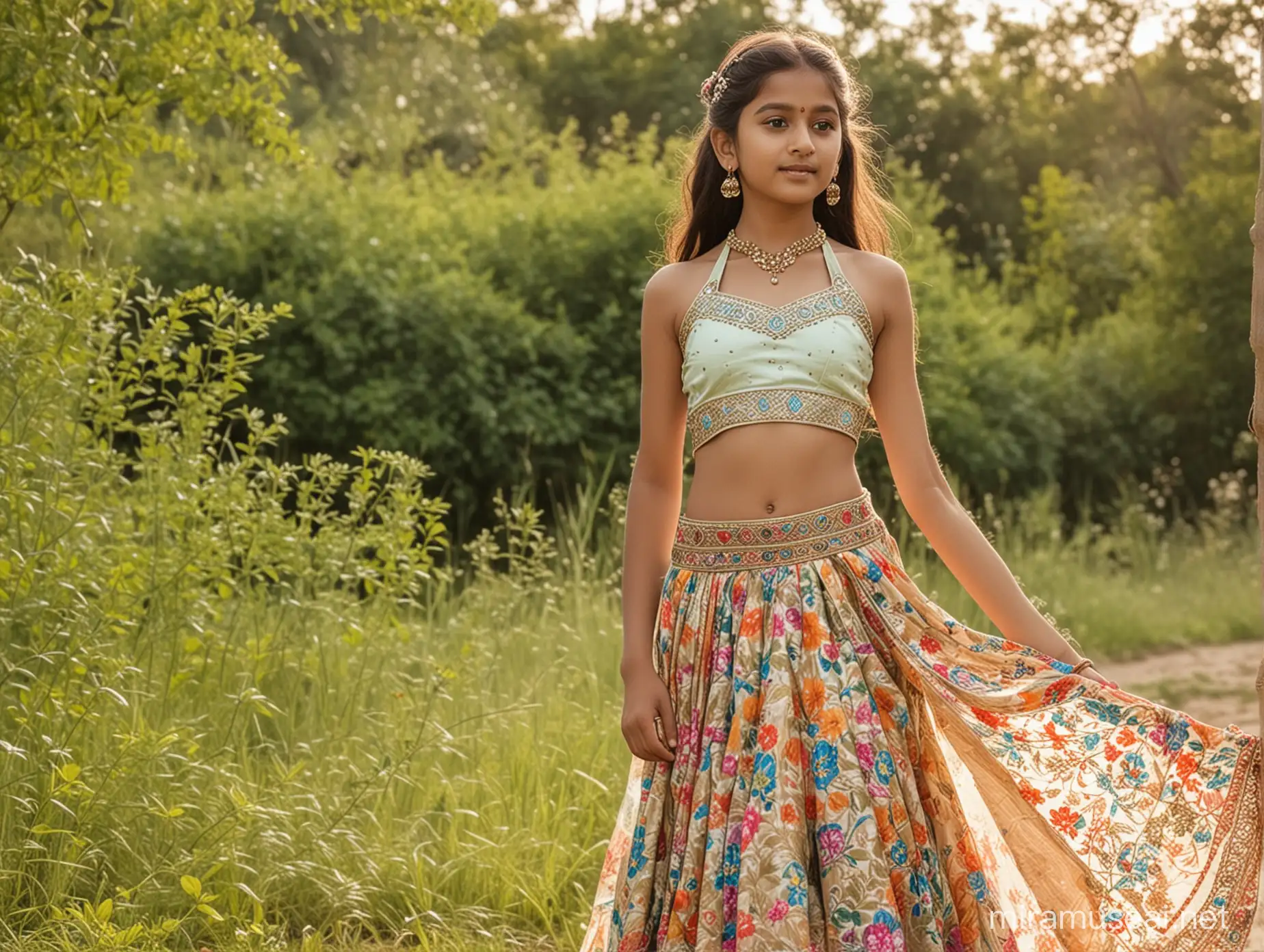 12 years old girl, fair in colour, wearing halter neck choli with lehenga, in nature