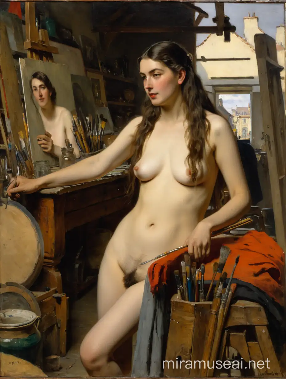 Old Artist and Nude Model in Workshop
