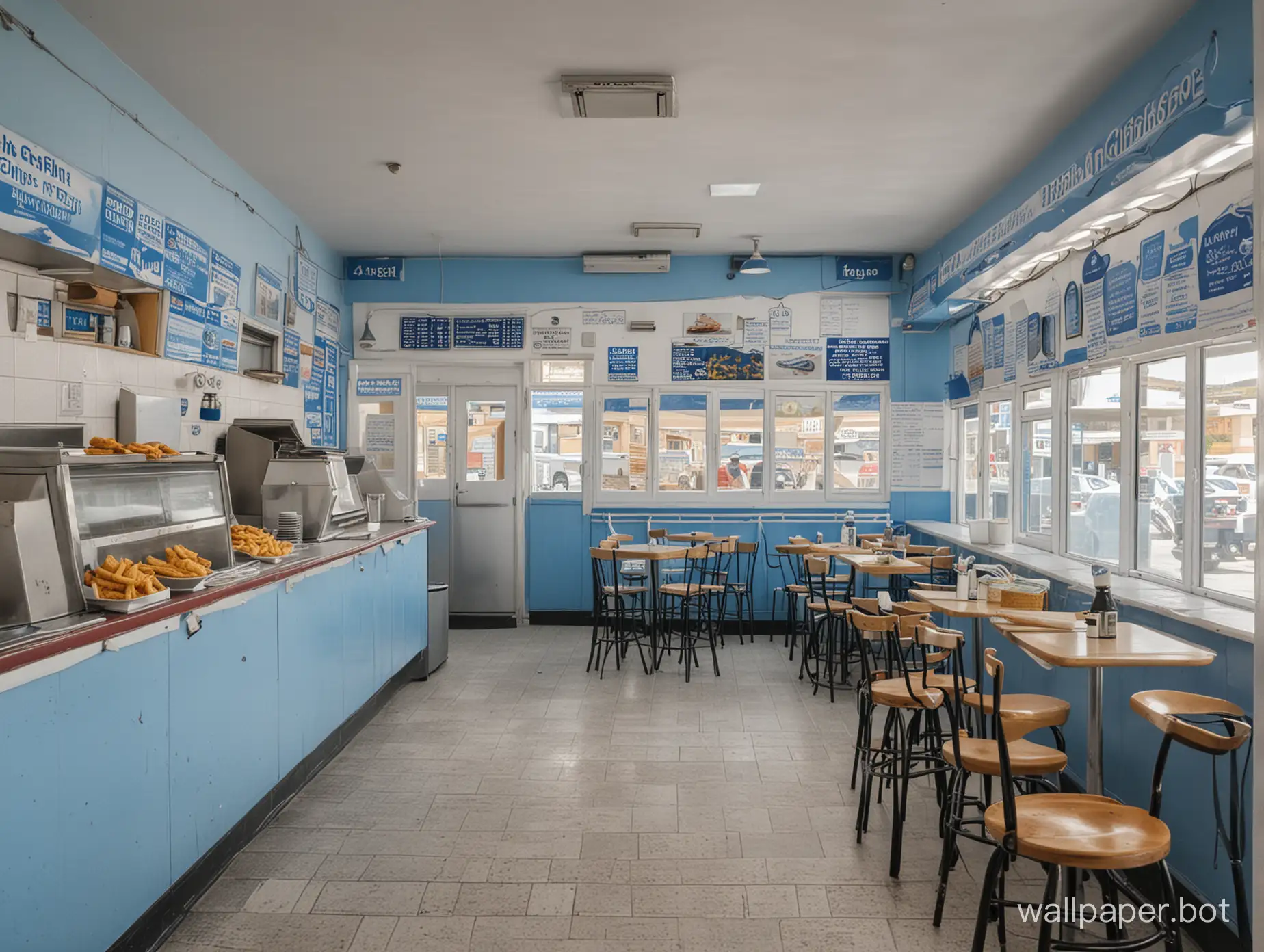 Inside of a Greek fish and chip shop