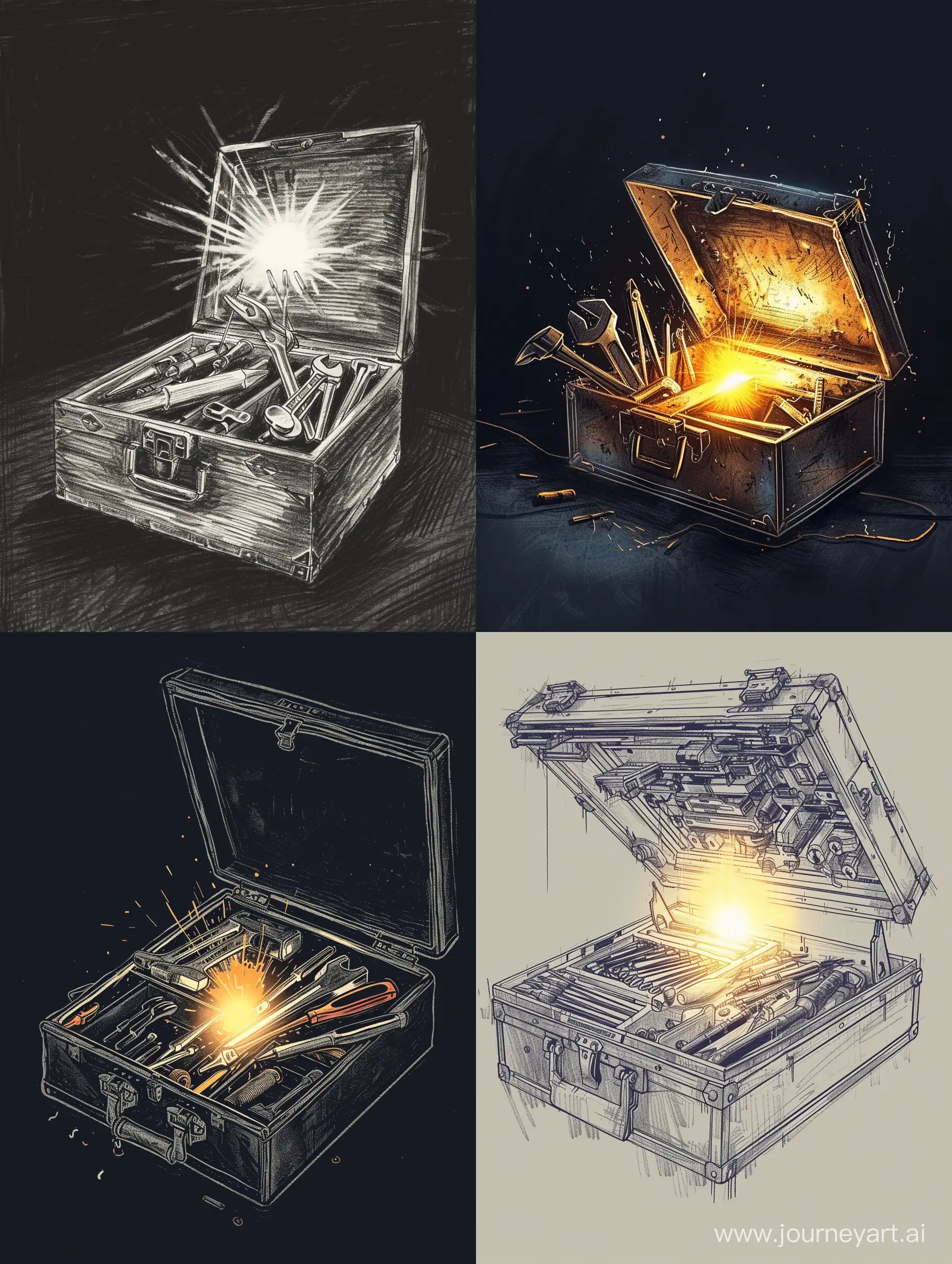 draw a luxury open toolbox that a light is glowing out from insid and some profasional tools are getting out of it