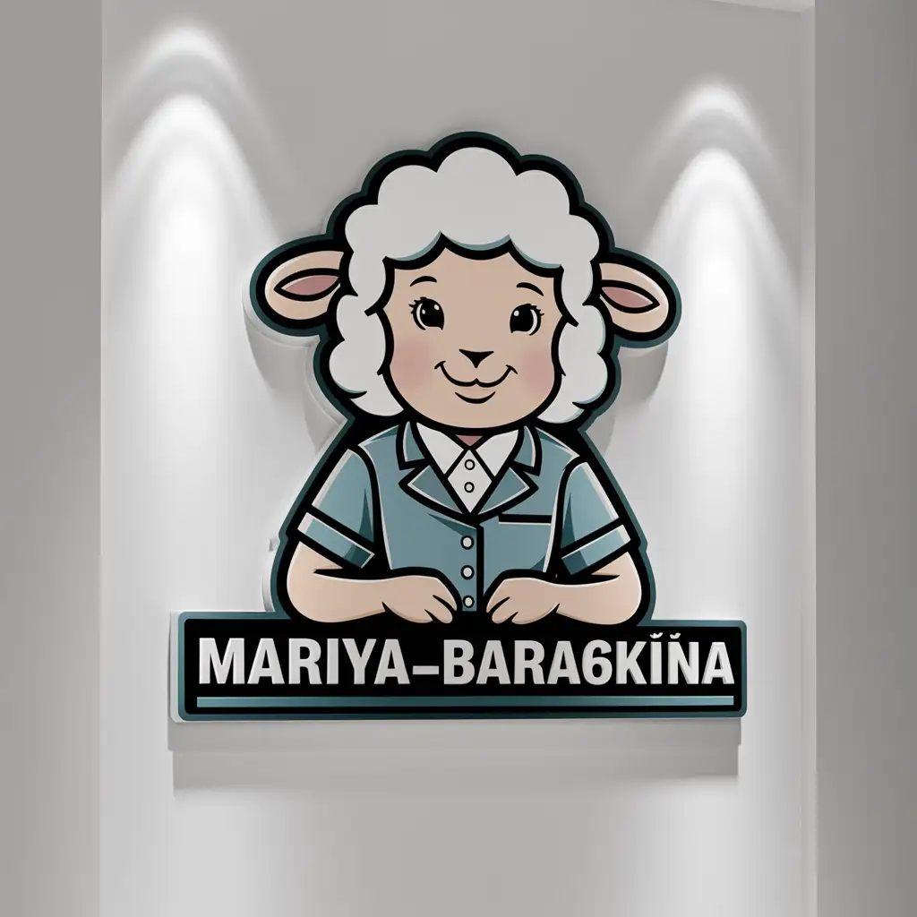 Logo, cartoon,A sheep girl logopedist holds a sign "mariya_bara6kina" ,white background,