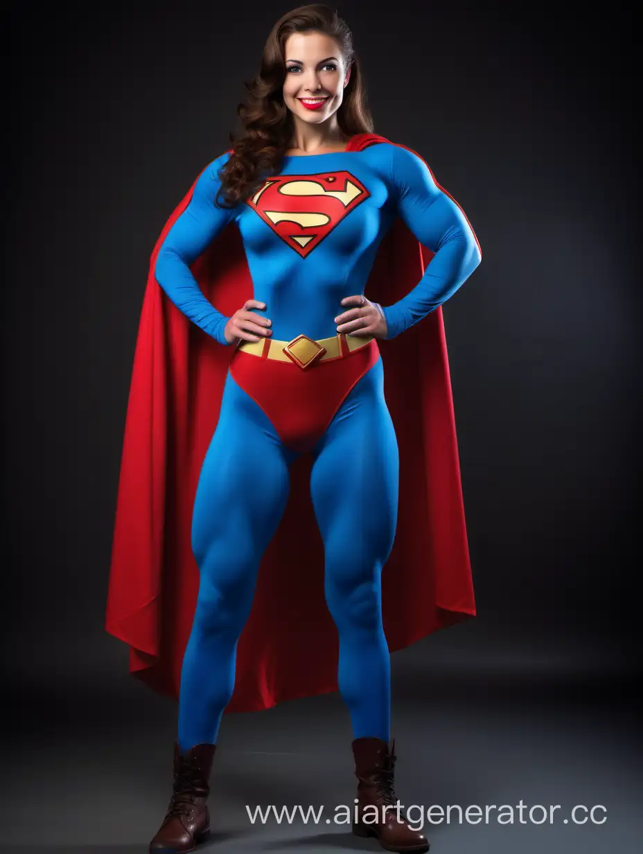 A beautiful woman with brown hair, age 28, She is happy and muscular. She has the physique of a champion bodybuilder. She is wearing a Superman costume with (blue leggings), (long blue sleeves), red briefs, red boots, and a long cape. Her costume is made of very soft cotton fabric. The symbol on her chest has no black outlines. She is posed like a superhero, strong and powerful. In the style of a 1940s movie. 