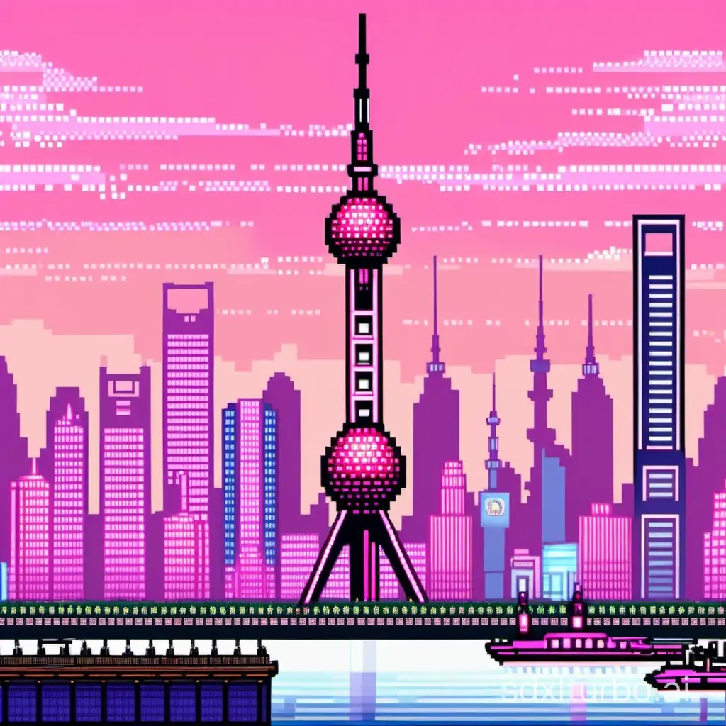 Oriental Pearl TV Tower in Shanghai, a distinctive landmark with a distinctive er...ee er...ee sound, situated near the water, pixel art, intricately designed with a pinkish hue.