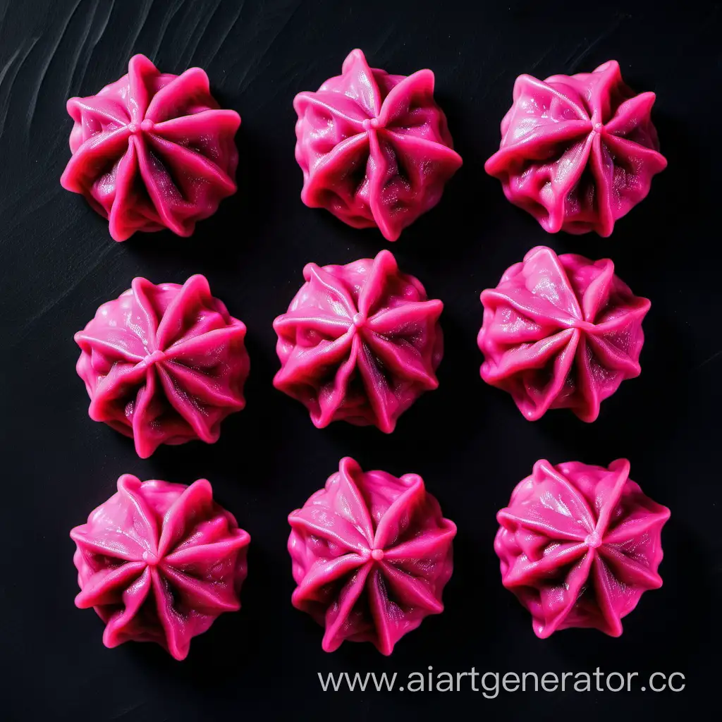 Vibrant-Pink-Dumplings-Arranged-on-Sleek-Black-Surface