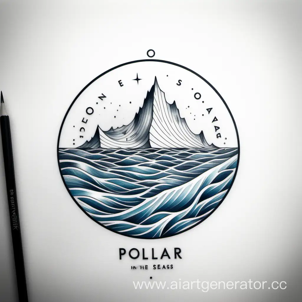 Эскиз татуировки, стиль минимализм, круг тонкой линией, внутри которого изображено море в нижней части, а верхней лёд или айсберг, а впо линии круга написано "На полярных морях и на южных*