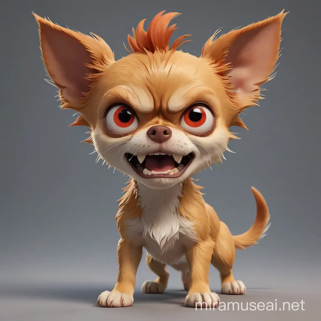 angry skinny chihuahua, evil face, red Eyes full of malice, dirty, disheveled ginger hair, comics style, 3d modern cartoon style, pixar style, chibi, 3d rendered, blender render, unreal engine, detailed, ultra high definition
